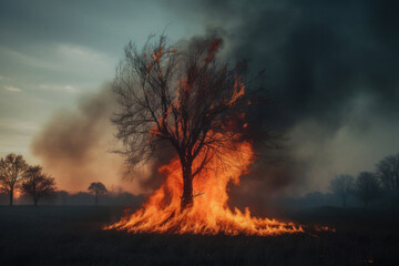 A striking example of the beauty and danger of nature, with a burning tree against a dramatic sky. AI Generative