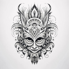 a drwing of a fantasy floral tribal mask in black and white. Tattoo idea for an ornamental face.