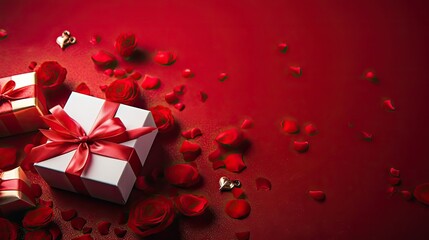 Valentine day design of a collection of Gift box and red flowers for banner background