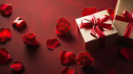 Valentine day design of a collection of Gift box and red flowers for banner background