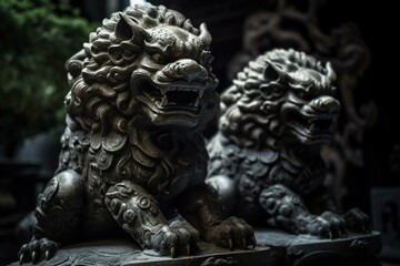 Fototapeta na wymiar Guardian lions, spiritual statues representing Buddhism in China, Japan & Asia. Generative AI