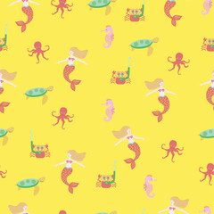 背景が黄色の人魚とタコやタツノオトシゴなどの海の生き物のシームレスパターン
