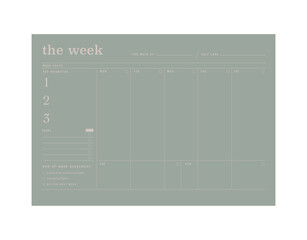 the week (Green) memo planner. Minimalist planner template set. Vector illustration.	 