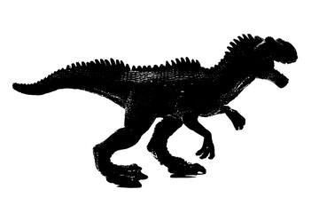 black dinosaur silhouette isolated on white background, model of giganotosaurus toy