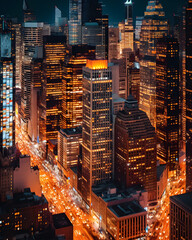 An urban cityscape at night with bustling streets, tall skyscrapers, and vibrant city lights, photographed with a telephoto lens, creating a sense of energy and excitement