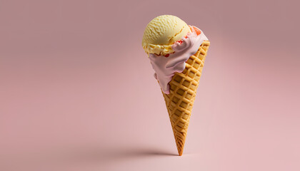 sweet meal, space for text. wallpaper Food levitation, Ice cream cone, sweet dessert, studio shot on pastel background. fast food, background, Summer creative minimal concept, AI generated