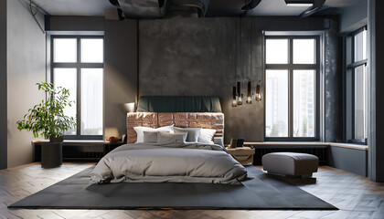 trendy gray minimalistic interior,, luxury studio apartment in a loft style in dark colors, Dark loft master bedroom with large windows, background, king-size bed, AI generated.