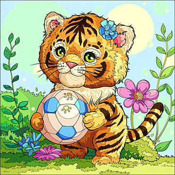 Illustration of a cute tiger cub in the park holding a ball 