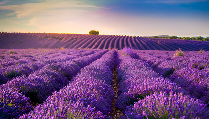 Naklejka na ściany i meble Purple lavender field in Provence at sunset, background, Stunning summer landscape in Provence, France with blooming violet fields, Lavender. wallpaper
