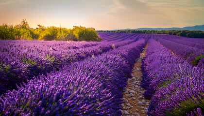Naklejka na ściany i meble background, Purple lavender field in Provence at sunset, Stunning summer landscape in Provence, France with blooming violet fields, Lavender.wallpaper, lavender field at sunset
