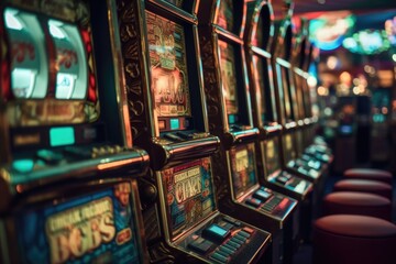 Slot machines in a casino in a close-up shot, macro shot -  made with Generative AI tools
