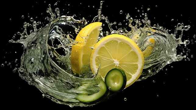Slice lemon and cucumbers drop at water splash with black background. Generative ai