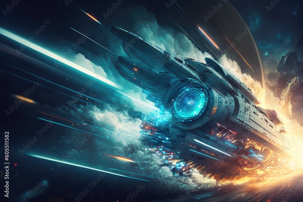 Poster gigantic spaceship travel into a quantum world. distinct generative ai image.