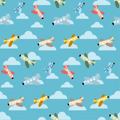 Multicolored planes in the sky with clouds pattern