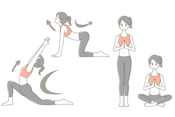 女性　ヨガのポーズ　イラストセット