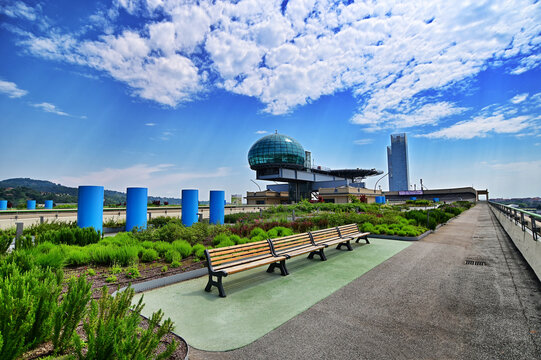 view of the ancient test track on the roof of the Lingotto factory  transformed as hanging garden with a glass bubble for meetings and art gallery Turin Italy May 22 2023
