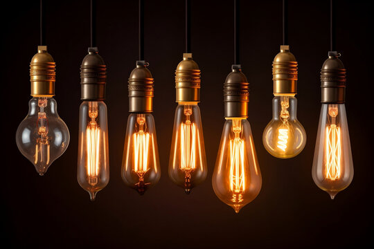 Glowing Vintage Light Bulbs Set on Dark Background for Cafe or Restaurant Decoration, generative AI