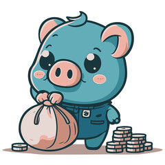 Naklejka premium Cute pig with a sack of money
