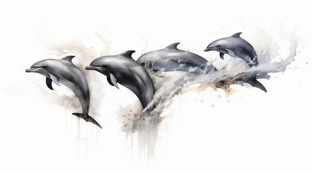 Generative AI, Graceful Leaps: Watercolor Drawing of Dolphins in Mid-Air