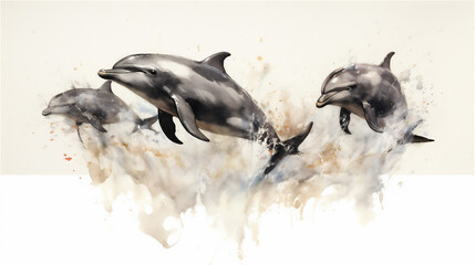 Generative AI, Graceful Leaps: Watercolor Drawing of Dolphins in Mid-Air