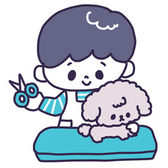 トリミングサロンでハサミを持った若い男性にカットされているトイプードルのかわいい犬