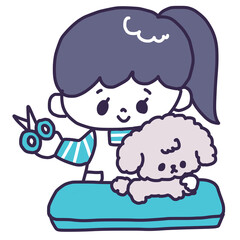 トリミングサロンでハサミを持ったポニーテールの若い女性にカットされているトイプードルのかわいい犬
