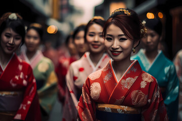 Japanese geisha in kimono, smiling beauties. Generative AI - obrazy, fototapety, plakaty