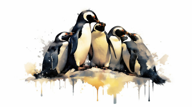 Generative AI, Arctic Unity: Watercolor Drawing of Penguins Huddling Together