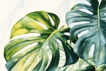 Fototapeta na wymiar Tropical watercolor print featuring monstera leaves for summer card and decor project ideas. Generative AI