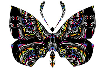 The symmetrical illustration logo in the shape of a butterfly has dynamic gradient batik flower line art in a luxurious pattern colour 
