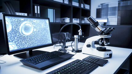 Medical laboratory microscope and  computer on desk, Generative AI