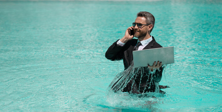 business manager work in summer at swimming pool, advertisement. business manager work - Powered by Adobe