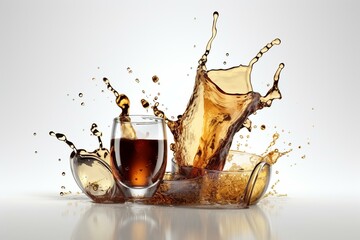 3D splash of various drinks including tea, beer, whiskey, wine, bourbon, oil, and coffee on a light background for ad design. Generative AI