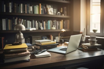 A home office with books, a laptop, and materials nearby. Generative AI