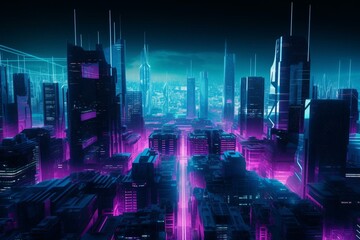 Fototapeta na wymiar Futuristic metropolis illuminated by purple and cyan neon lights. Dark city horizon with towering innovative buildings. Generative AI