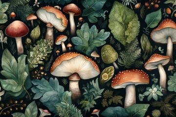 Watercolor mushrooms and foliage pattern. Generative AI