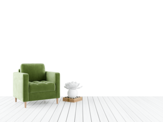 Free PNG a green chair in a white room with a white wall behind it. Decorated home mockup with free space. 3d illustration, 3d rendering