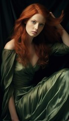 Naklejka premium Portrait of a Fictional Beautiful Redhead Woman Model wearing an Elegant Green Silk Dress. Generative AI illustration.