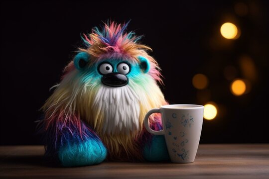 A Cute Rainbow Yeti Plush With A Coffee Cup. Mockup That Can Be Used For Tea Shop Sales Promotions And Take Away Food Delivery Adverts. Trendy For Social Media. Generative AI