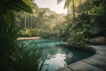 Fototapeta na wymiar Expansive outdoor oasis featuring a lavish pool and lush foliage. Generative AI