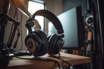 Obraz na płótnie Canvas Gear for recording music: headphones, mic stand with headphones. Generative AI