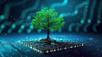 3D rendering of a green tree growing on the motherboard of a computer.Generative Ai