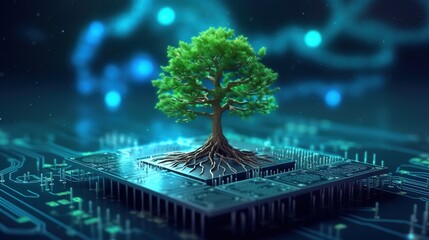 3D rendering of a green tree growing on the motherboard of a computer.Generative Ai