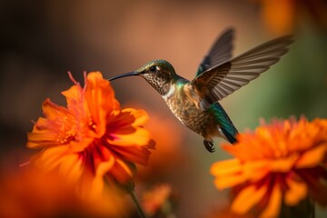 Fototapeta na wymiar A hummingbird flies between flowers to gather nectar and honey. Generative AI