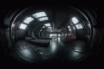 A dark, futuristic hall room in grunge style with 360-degree panorama HDR VR and 3D render illustration. Generative AI