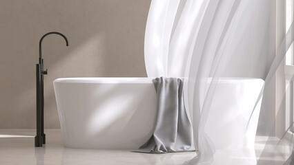 White ceramic bathtub, black shower head, faucet, blowing sheer curtain in sunlight on beige brown stucco texture wall, marble floor for luxury, modern lifestyle interior, toiletries background 3D