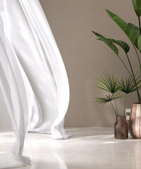White blowing sheer curtain in sunlight in beige brown wall, marble floor empty room with variety of green tropical plant in pots for luxury beauty, fashion, interior decoration, product background 3D