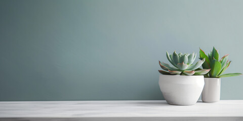 white open table blue wall potted succulent plants, for copy space, design, product display