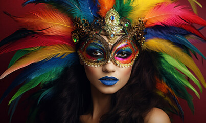 Celebrating Diversity: Model Enchants in a Colorful Feathered Masquerade Mask, Embracing the Vibrant Rainbow of Identity.