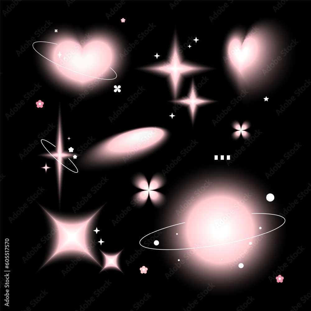 Wall mural pink glow blurred hearts, stars, sun, and flowers shapes on black background. y2k style. vector illu